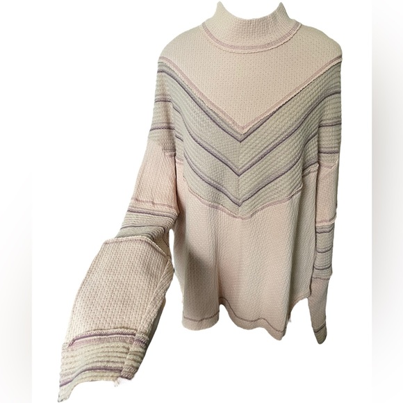 Miss Me Salmon Pink Purple Boho Hippie Retro Chevron Long Sleeve Mock Neck Top - Picture 3 of 10
